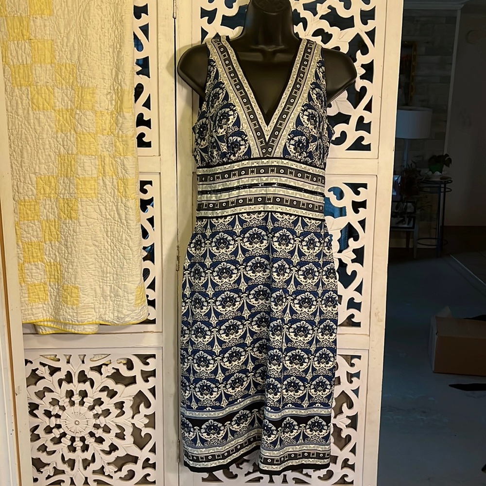 Nicole- beautiful lined , blue, black and white print dress. Size 4